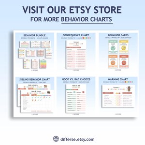 May include: A collage of printable behavior charts for kids. The charts include a behavior bundle, consequence chart, behavior cards, sibling behavior chart, good vs. bad choices chart, and a warning chart. The charts are colorful and feature various themes, including traffic lights, smiley faces, and stars.