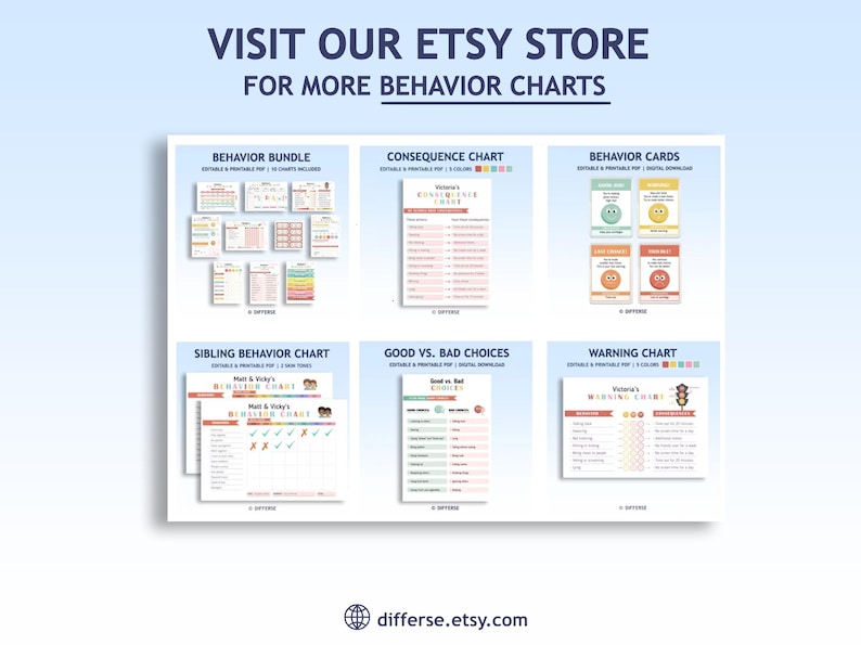 May include: A collage of printable behavior charts for kids. The charts include a behavior bundle, consequence chart, behavior cards, sibling behavior chart, good vs. bad choices chart, and a warning chart. The charts are colorful and feature various themes, including traffic lights, smiley faces, and stars.