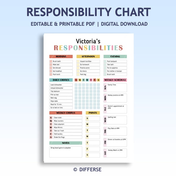 Responsibility Chart For Kids | Printable Chore Chart | Kids Chore Chart | Kids To Do List | Responsibility Checklist | Chore List