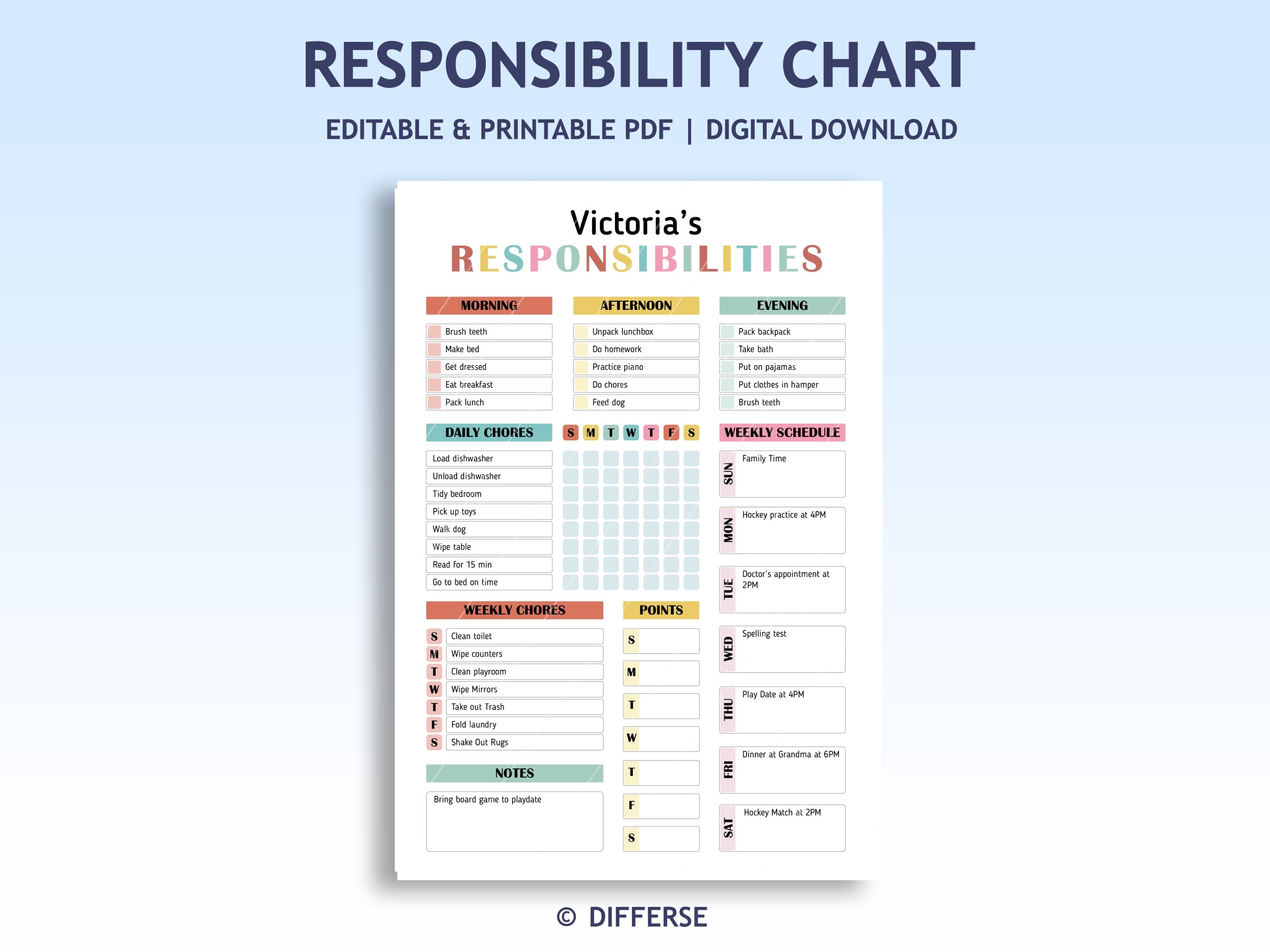 Responsibility Chart For Kids | Printable Chore Chart | Kids Chore Chart | Kids To Do List | Responsibility Checklist | Chore List