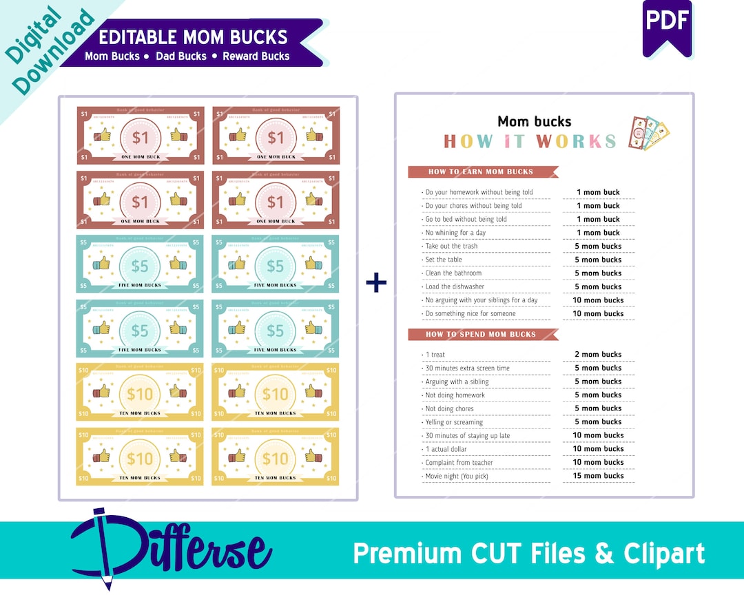 Editable Mom Bucks PDF Reward System for Kids Behavior Bucks Chore