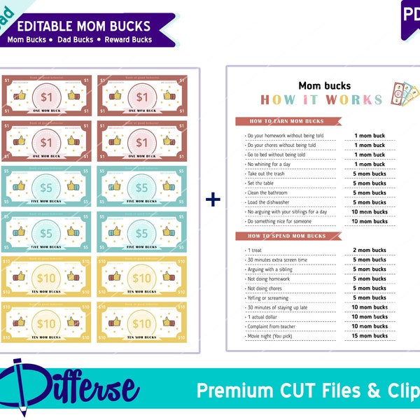 Editable Mom Bucks | PDF Reward System For Kids | Behavior Bucks | Chore Bucks | Reward Bucks | Good behavior Bucks | Mom Money | Play Money