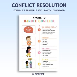 May include: A digital download titled Conflict Resolution with the text 4 Ways to Handle Conflict. It lists four strategies: Say Please Stop, Ignore It, Walk Away, and Get Help, each accompanied by a numbered icon and illustrative cartoon figures.