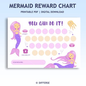 May include: A printable mermaid reward chart with a pink and purple mermaid illustration. The chart has 25 circles to color in as a reward system. The text "You Can Do It!" is at the top of the chart.