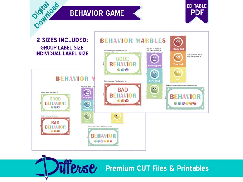May include: Printable behavior chart with two sizes included: group label and individual label. The chart features a colorful design with a variety of emojis and the text "Behavior Game" and "Behavior Marbles".
