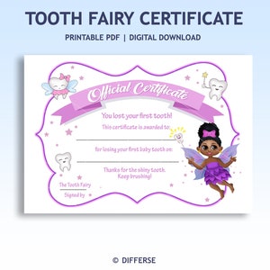 Certificat de fée des dents pour filles | Première dent perdue | PDF imprimable de la fée des dents | Cadeau de fée des dents afro-américaine | Fée Noire PNG