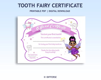 Tooth Fairy Certificate for Girls | First Lost Tooth | Tooth Fairy Printable PDF | African American Tooth Fairy Gift | Black Fairy PNG