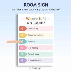 Op de afbeelding: Een afdrukbaar bord met de vraag "Waar is mevrouw Roberts?" en verschillende locatie-opties. Het bord wordt vastgehouden door een houten knijper. Het bord bevat ook de tekst "Kom binnen!", "Buiten het gebouw", "Bij de lunch", "In een vergadering", "Kom snel terug!" en "In de kantine".