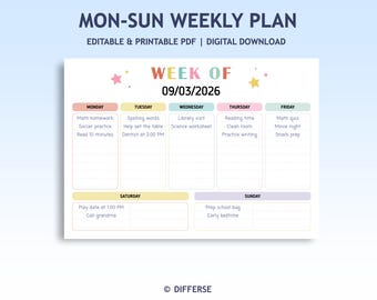 Editable Weekly Plan | Weekly Planner | Week At A Glance | Daily To Do List