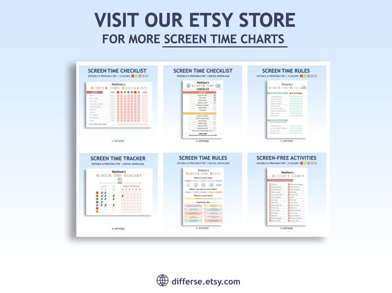 Op de afbeelding: Een set van zes printbare grafieken voor het beheren van schermtijd. De grafieken zijn kleurrijk en hebben verschillende ontwerpen, waaronder checklists, trackers en regels. De grafieken zijn bewerkbaar en printbaar en zijn perfect om kinderen te helpen hun schermtijd te beheren.