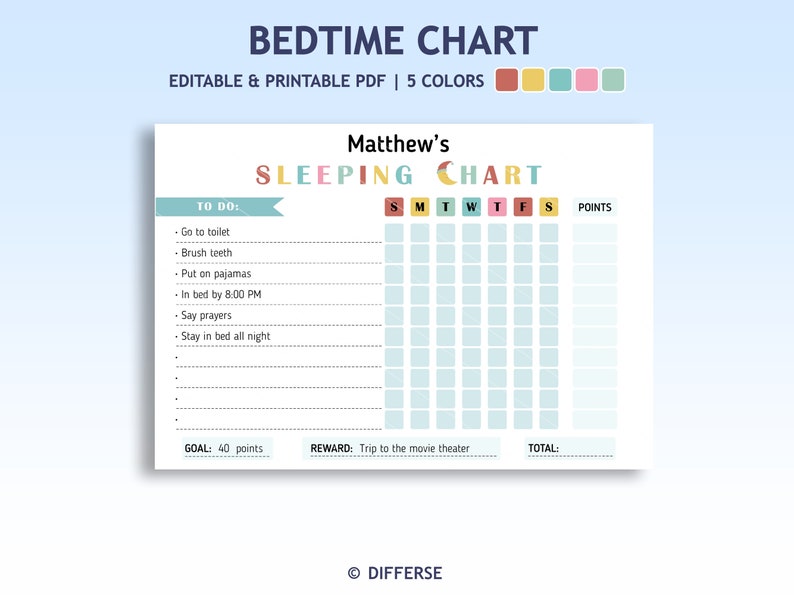 May include: A printable bedtime chart for kids with a blue background and a light blue grid. The chart includes a list of tasks to do before bed, such as going to the toilet, brushing teeth, and putting on pajamas. There are columns for each day of the week and a points system to track progress. The chart also includes a goal of 40 points and a reward of a trip to the movie theater.