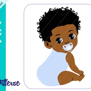 May include: A cartoon illustration of a baby with brown skin, black curly hair, and a blue onesie. The baby is sitting with a pacifier in their mouth and looking to the right.