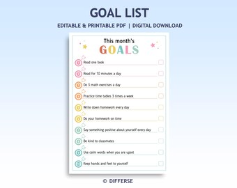 Editable Kids Goal List | Monthly Goals | Goal Setting Template for Students | Goal Tracker | Goal Sheet | Goal Checklist | Goal Chart