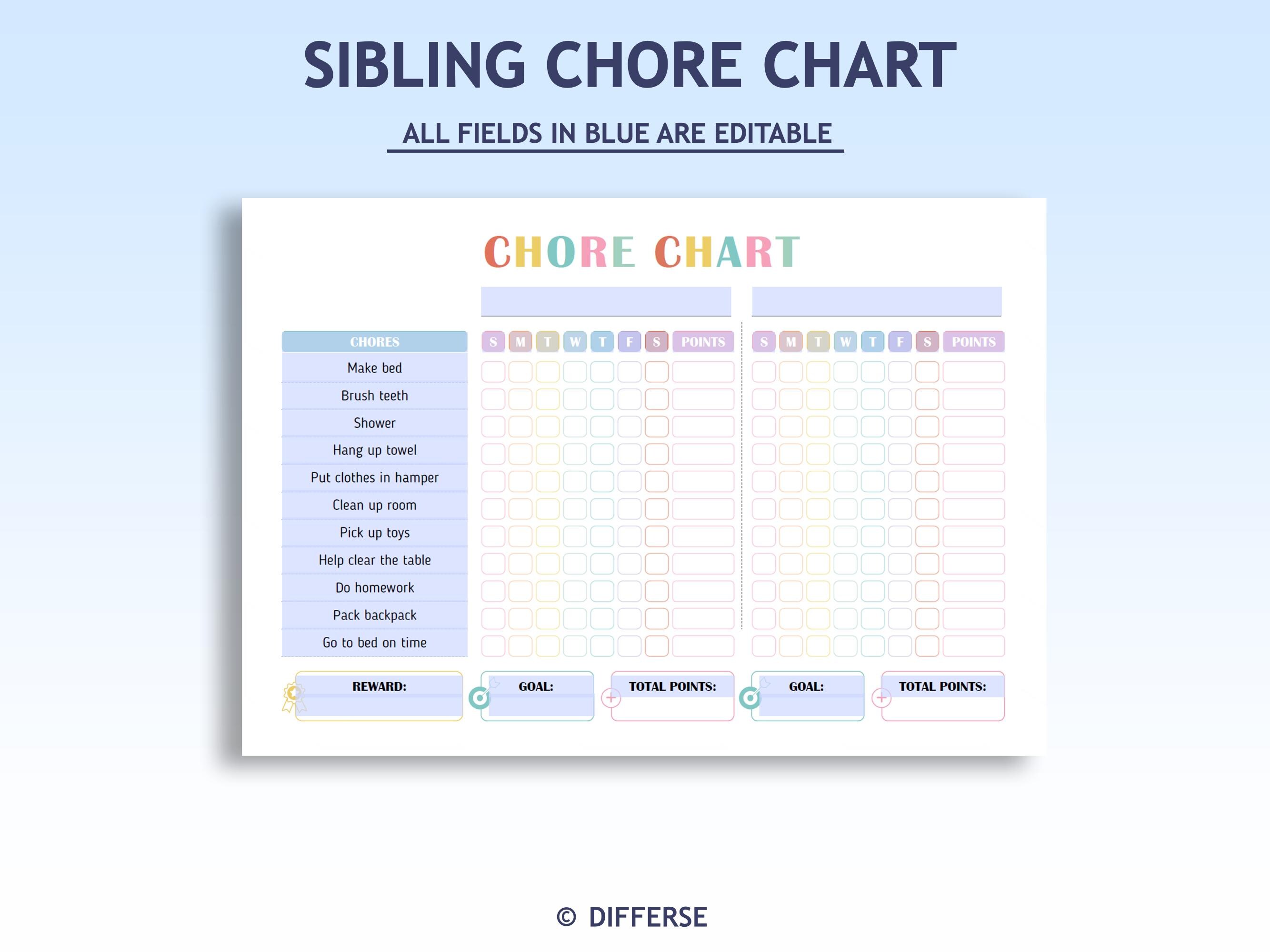 Sibling Ranking Chart Sibling Chore Chart | Chore Chart for 2 Kids | Multiple Kids Chart ...