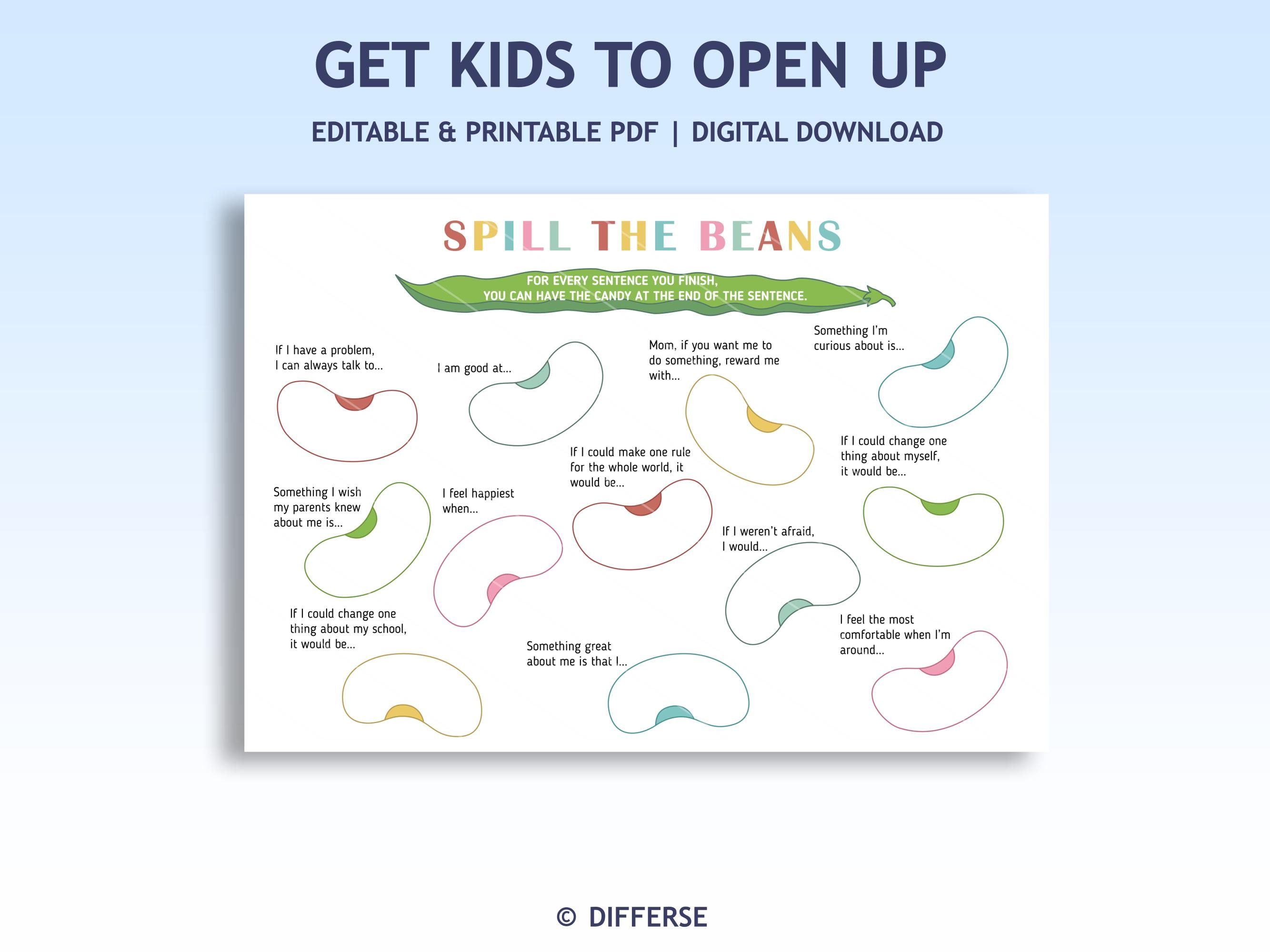 Spill The Beans Therapy Activity | Conversation Starters For Kids | Kids Communication Tool | Emotion Sharing Game | Emotion Activities