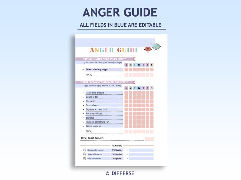 May include: A printable anger management guide with a pink and blue color scheme. The guide includes a daily tracker for controlling anger, a list of coping methods, and a points system for rewards. The text on the guide includes "ANGER GUIDE", "DID YOU CONTROL YOUR ANGER TODAY?", "I controlled my anger", "WHICH COPING METHODS DID YOU APPLY?", "TOTAL POINT EARNED", and "REWARDS".