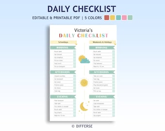 May include: A printable daily checklist for children with a blue, green, and yellow color scheme. The checklist is divided into two sections: Schooldays and Weekends & Holidays. Each section has a morning, afternoon, and evening column with tasks to complete. The checklist includes tasks such as brushing teeth, eating breakfast, doing chores, and reading for 15 minutes.