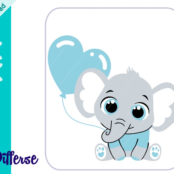 Cute Baby Elephant With Balloon | SVG Cut File & PNG | Baby Elephant SVG | Baby Boy Elephant svg | Elephant Baby Shower | Cute Elephant Boy