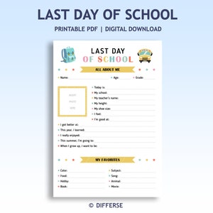 Last Day of School Printable | Last Day of School Questionnaire  | Last Day 1st Grade | Last Day 2nd Grade | Last Day 3rd Grade | Pre-k