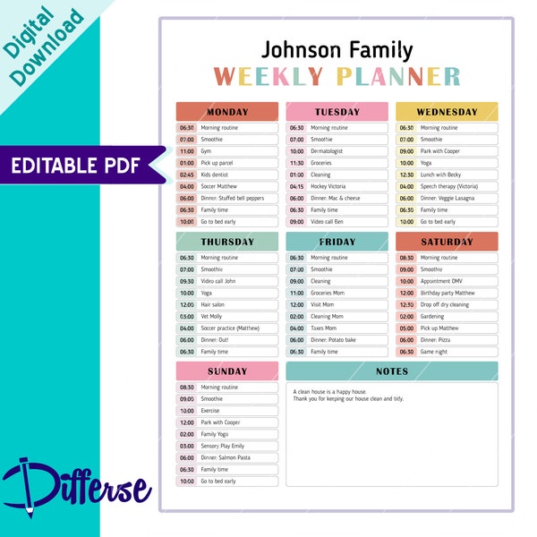 Family Weekly Planner | Weekly Schedule | Daily Planner | Daily Task Tracker | Family To Do List | Daily Agenda | Household planner