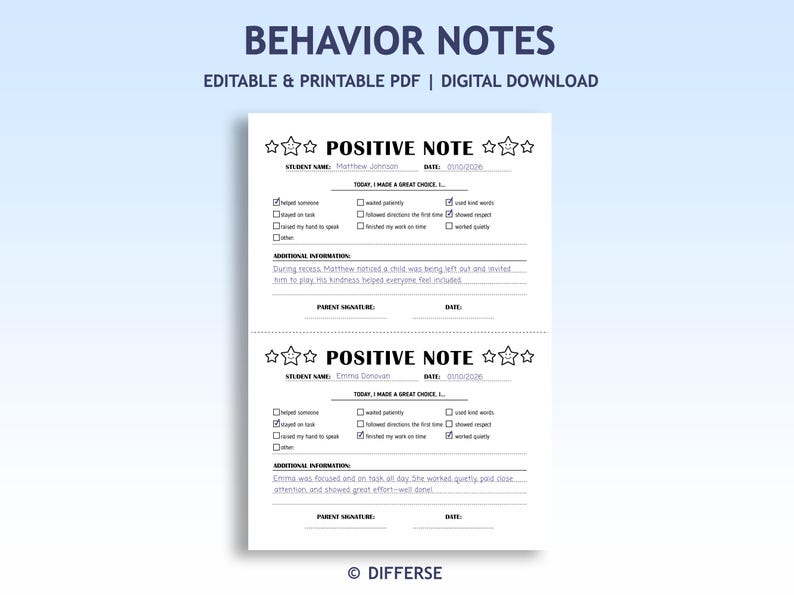 Behavior Checkboxes Editable Behavior Note to Parents | Positive Notes + Behavior Tickets ...