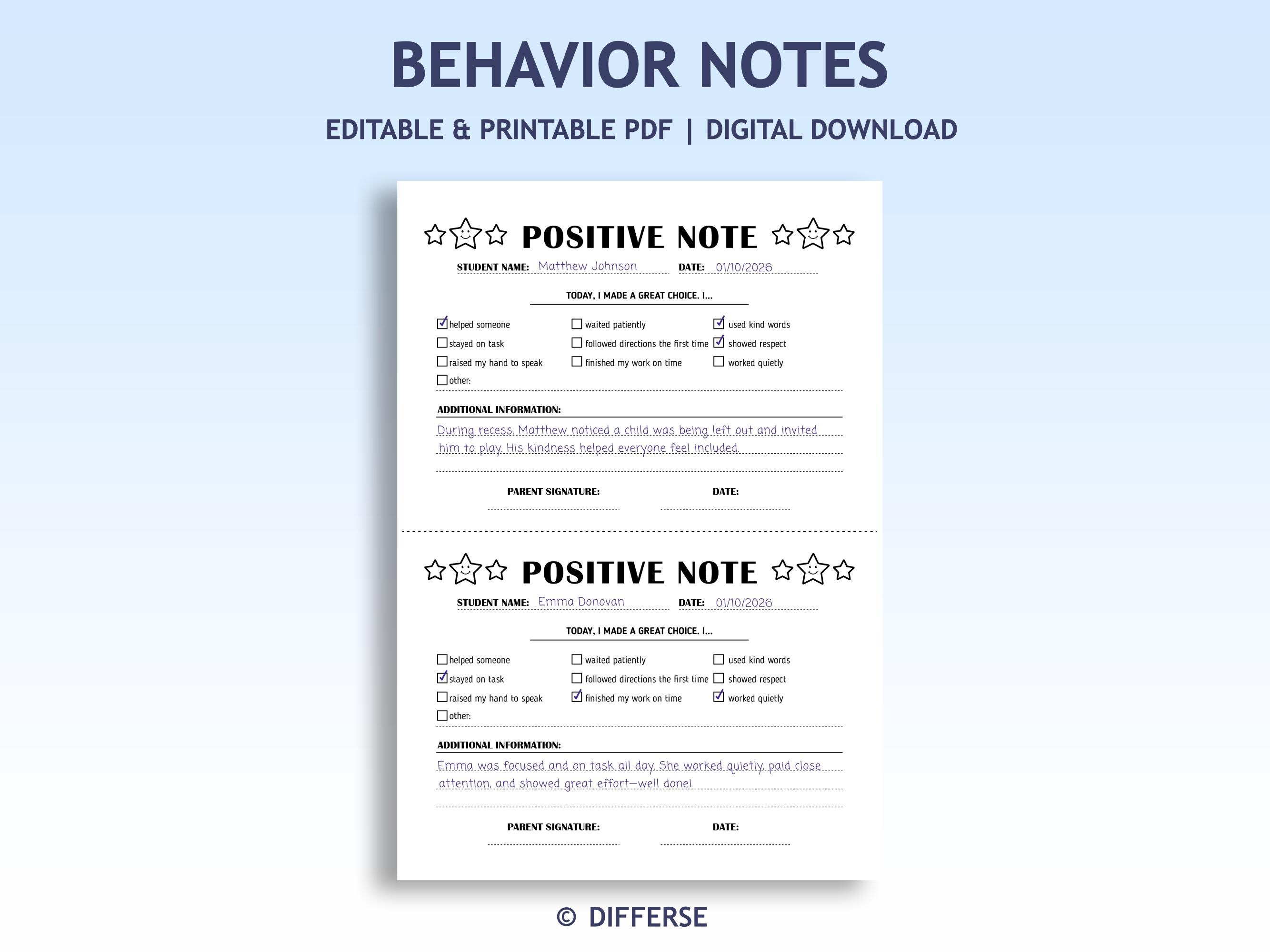 Behaviour Note Image Editable Behavior Note to Parents | Positive Notes + Behavior Tickets ...
