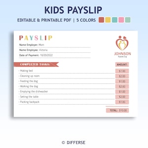 Editable Payslip For Kids | Reward System For Kids | Allowance Tracker | Good Behavior Reward | Printable Reward for Kids | Kids Paycheck