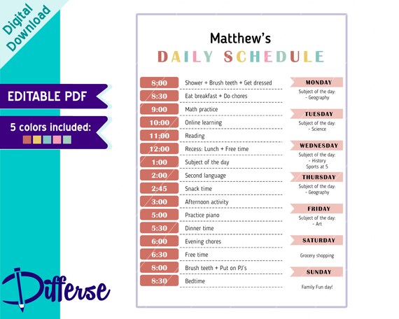 Kids Daily Schedule Homeschool Schedule Class Schedule Classroom Schedule  Daily Routine Chart for Kids Hourly Daily Planner - Etsy