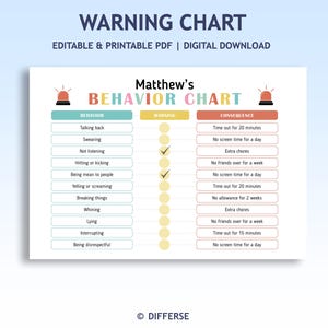 May include: A printable behavior chart with the title "Matthew's Behavior Chart". The chart lists behaviors like "Talking back" and consequences such as "Time out for 20 minutes". The chart is a digital download.