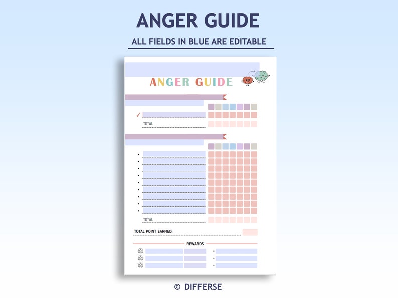 May include: A printable anger management guide with a colorful title and illustrations of two cartoon characters. The guide includes sections for tracking anger triggers, points earned, and rewards.