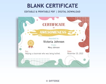 Blank Certificate For Kids | Certificate Template | Certificate of Awesomeness | Certificate of Appreciation | Certificate of Achievement