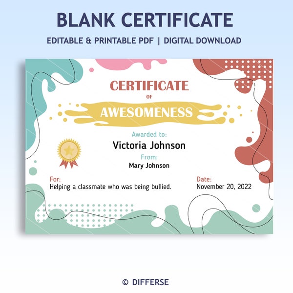 Blank Certificate For Kids | Certificate Template | Certificate of Awesomeness | Certificate of Appreciation | Certificate of Achievement