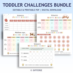 May include: A collection of printable toddler challenge charts, including potty training, happy hands, tantrum, and mealtime charts. The charts are editable and available as a digital download.
