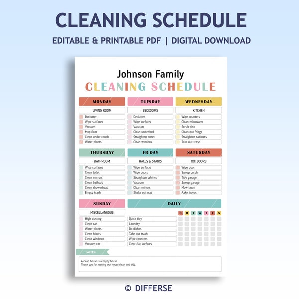 Editable Family Cleaning Schedule | Kids Cleaning Schedule | Cleaning Template | Cleaning Planner | House Cleaning | Cleaning Checklist