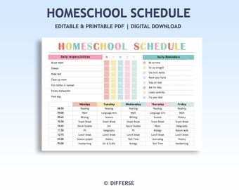 Editable Homeschool Schedule | Homeschool Planner | Daily Schedule for kids | School Routine Chart | Printable Homeschool Checklist