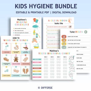 May include: A bundle of printable kids' hygiene charts and checklists. Includes a hygiene checklist, a handwashing guide, a teeth brushing chart, and toilet rules. The text includes "KIDS HYGIENE BUNDLE" and "DIGITAL DOWNLOAD".