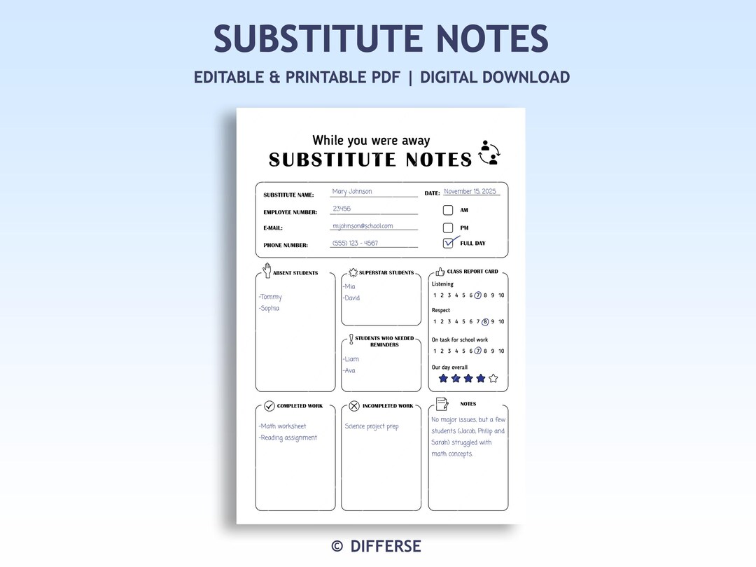 Substitute Notes | Sub Notes | While You Were Away Teacher Notes ...