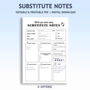 Puede incluir: Una plantilla de notas para maestros sustitutos en PDF imprimible. El documento blanco presenta secciones para la asistencia de los estudiantes, el boletín de calificaciones y las notas. El título "Substitute Notes" está en la parte superior, con el texto "Editable & Printable PDF | Digital Download" encima.