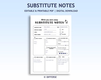 Substitute Notes | Sub Notes | While You Were Away Teacher Notes | Classroom Notes | Teacher Communication | Substitute Teacher Report