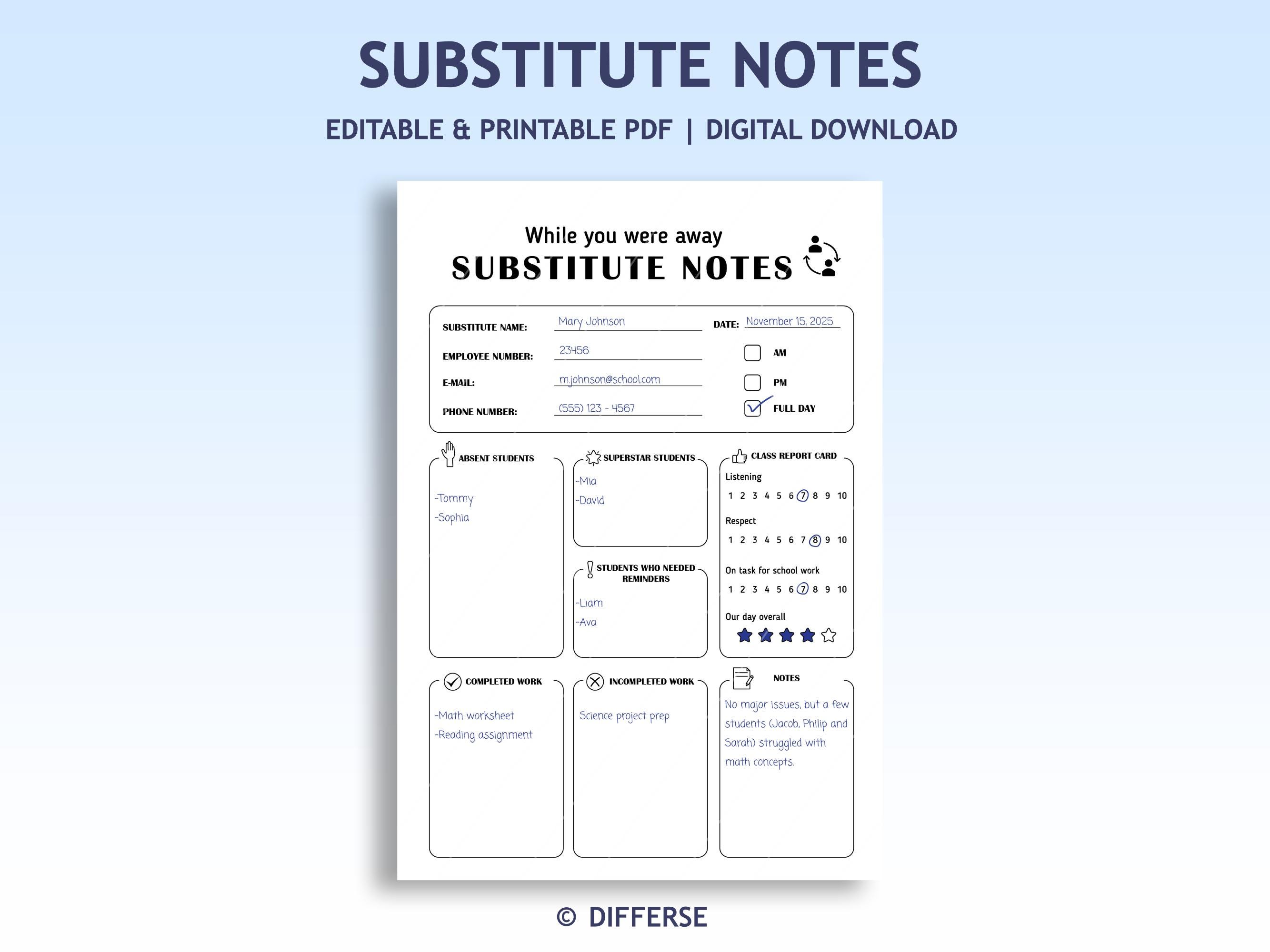 Substitute Notes | Sub Notes | While You Were Away Teacher Notes ...