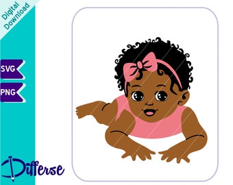 Adorable African American Baby Girl with Ribbon | SVG Cut File & PNG | Baby Girl PNG | Newborn svg | Melanin Princess | Black Girl Clipart