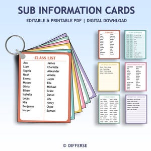 May include: A set of printable sub information cards on a metal ring. The cards include class lists, schedules, student allergies, transportation lists, lunch codes, and important contacts. The cards are in various colors with a blue background.