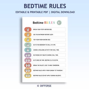 May include: A printable PDF titled "Bedtime Rules" with colorful illustrations and text. The rules include brushing teeth, using the bathroom, tidying the room, and going to bed at 8:30 PM. The document is a digital download.