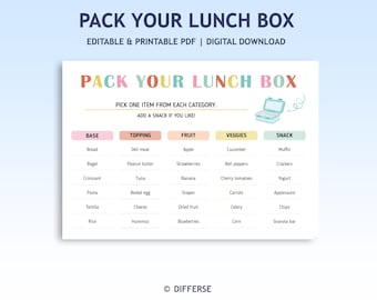 Editable Pack Your Lunch Box | School Lunch Planner Template | Rainbow School Lunch Chart | Picky Eater Chart | Lunch Box Template