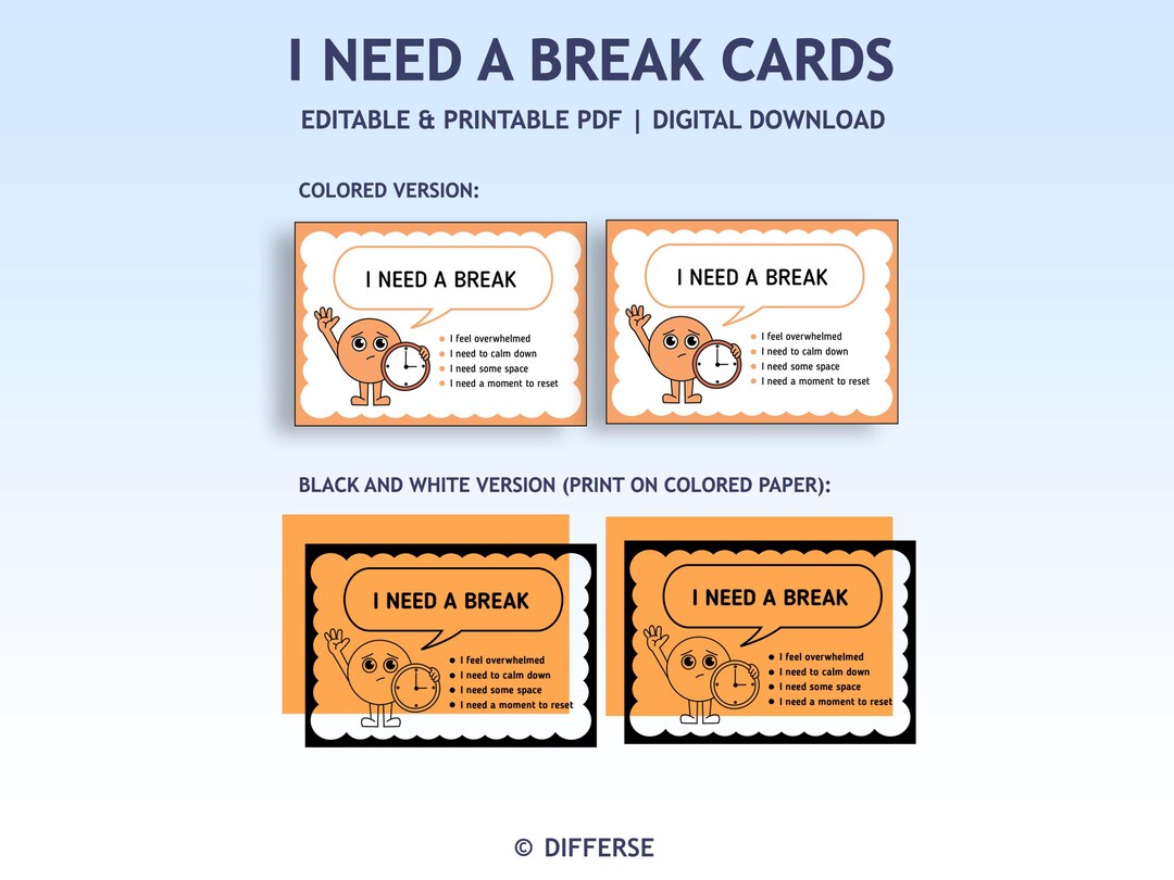 Editable I Need a Break Cards Set | Desk Cards | I Need a Break Visual ...