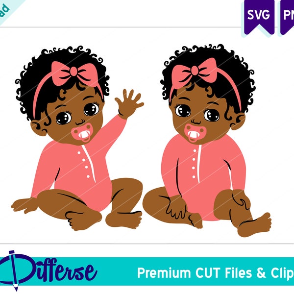 African American Baby Twin Girls SVG | SVG Cut File & PNG | Twin Sisters svg | Baby Girl png | Newborn svg | Twins svg | Black Twins svg