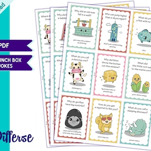 May include: A set of 27 printable lunch box jokes featuring colorful illustrations of animals and objects. Each card has a question and answer on the front and back.