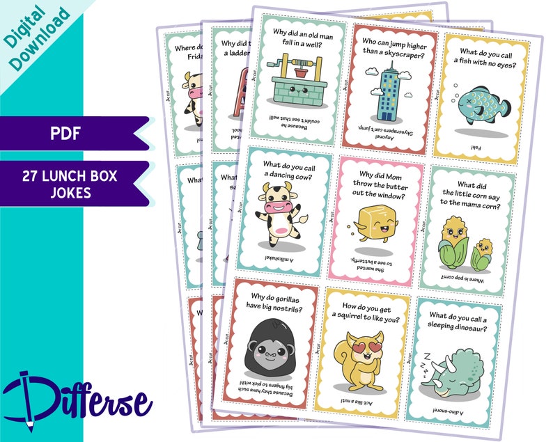May include: A set of 27 printable lunch box jokes featuring colorful illustrations of animals and objects. Each card has a question and answer on the front and back.