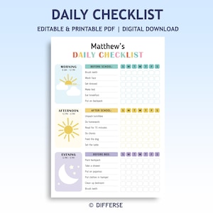 Op de afbeelding: Een afdrukbare dagelijkse checklist met de titel "Daily Checklist" en de naam "Matthew's" bovenaan. De checklist is verdeeld in ochtend-, middag- en avondsecties, met taken die onder elk tijdsbestek worden vermeld. De checklist bevat een zon en een maan.