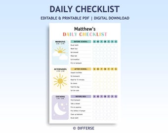 May include: A printable daily checklist with the title "Daily Checklist" and the name "Matthew's" at the top. The checklist is divided into morning, afternoon, and evening sections, with tasks listed under each time frame. The checklist includes a sun and moon graphic.